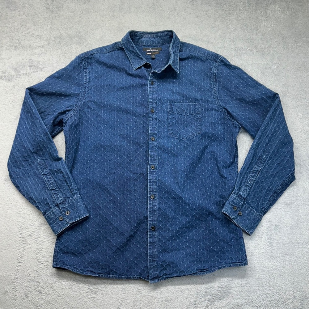Marc Anthony Mens Luxury Slim Fit Blue‎ Textured Cotton Button Down Shirt L